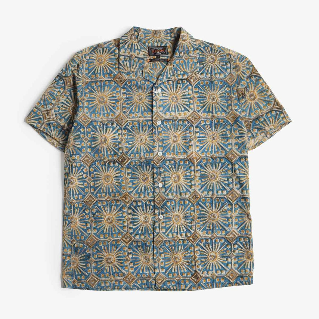 Beams Plus Open Collar Block Print Flower Shirt